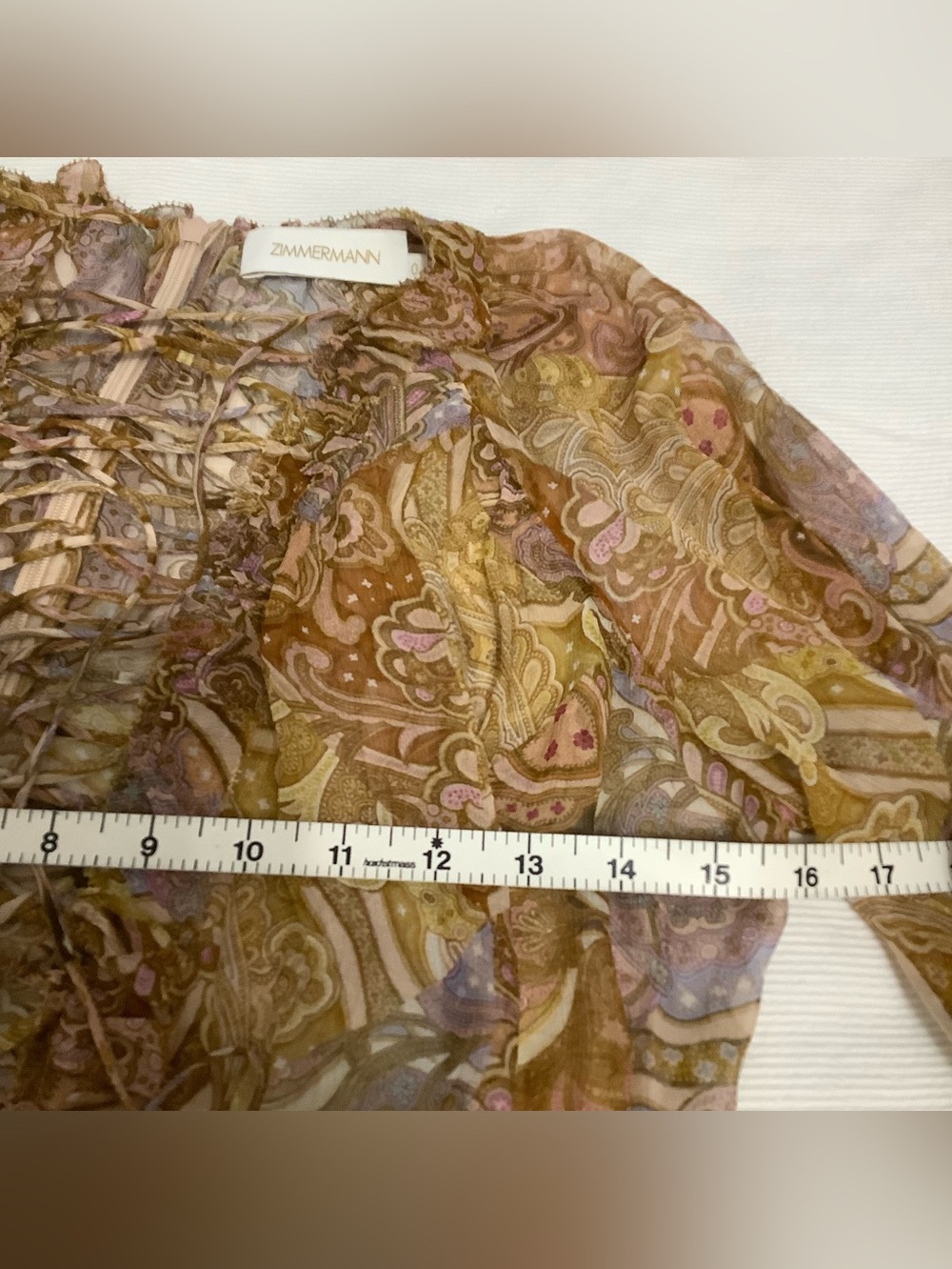 Zimmermann Mustard Paisley Lace-Up Ruffle Mini Dress Size 0 (0254) - Picture 13 of 16